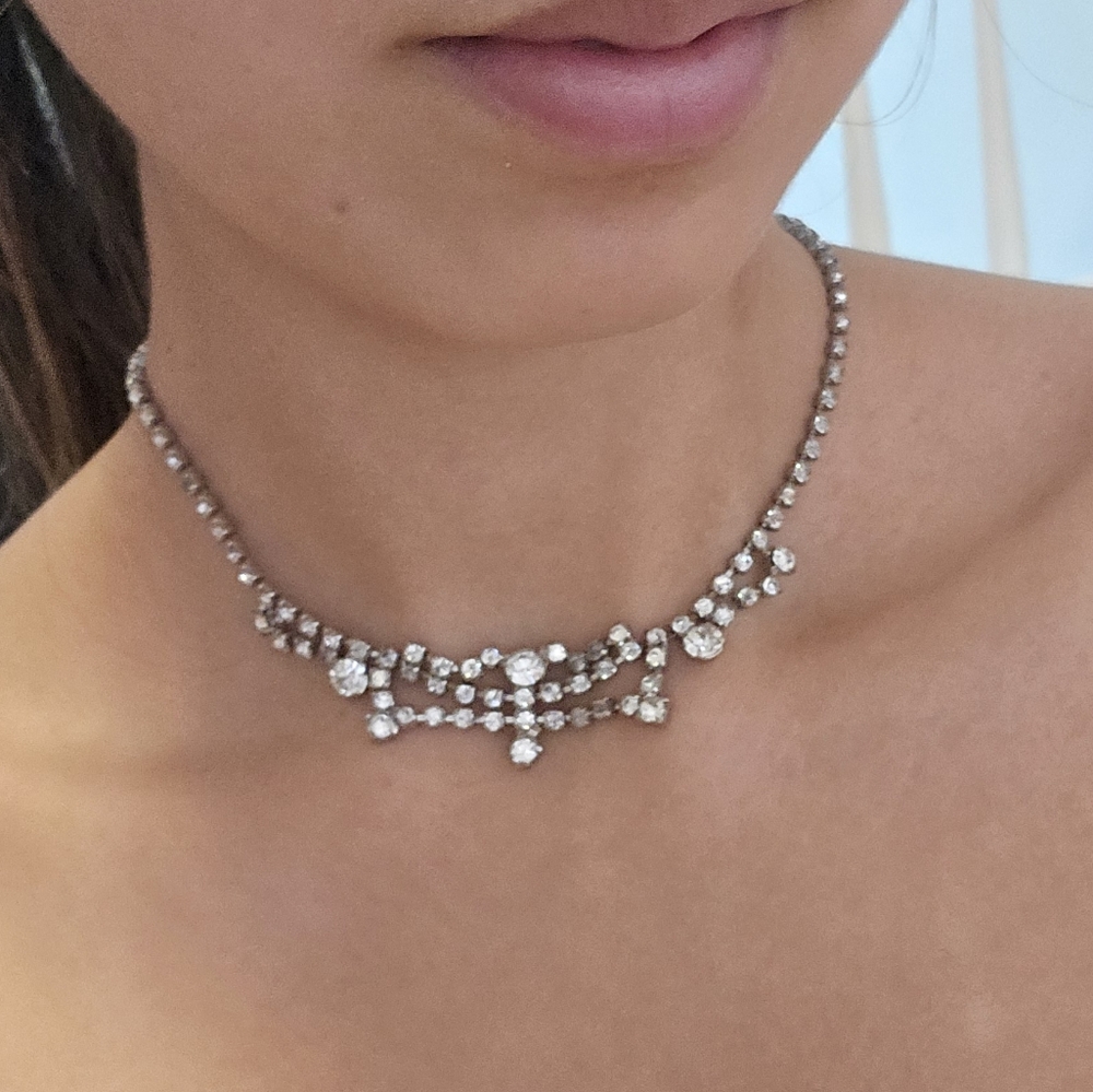 Vintage Rhinestone Choker Necklace Clear Stones and Crystals 70s Costume Jewelry